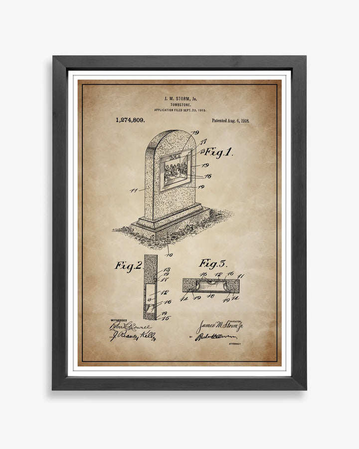 Tombstone design patent poster presented in antique parchment style, unframed and ready for display.