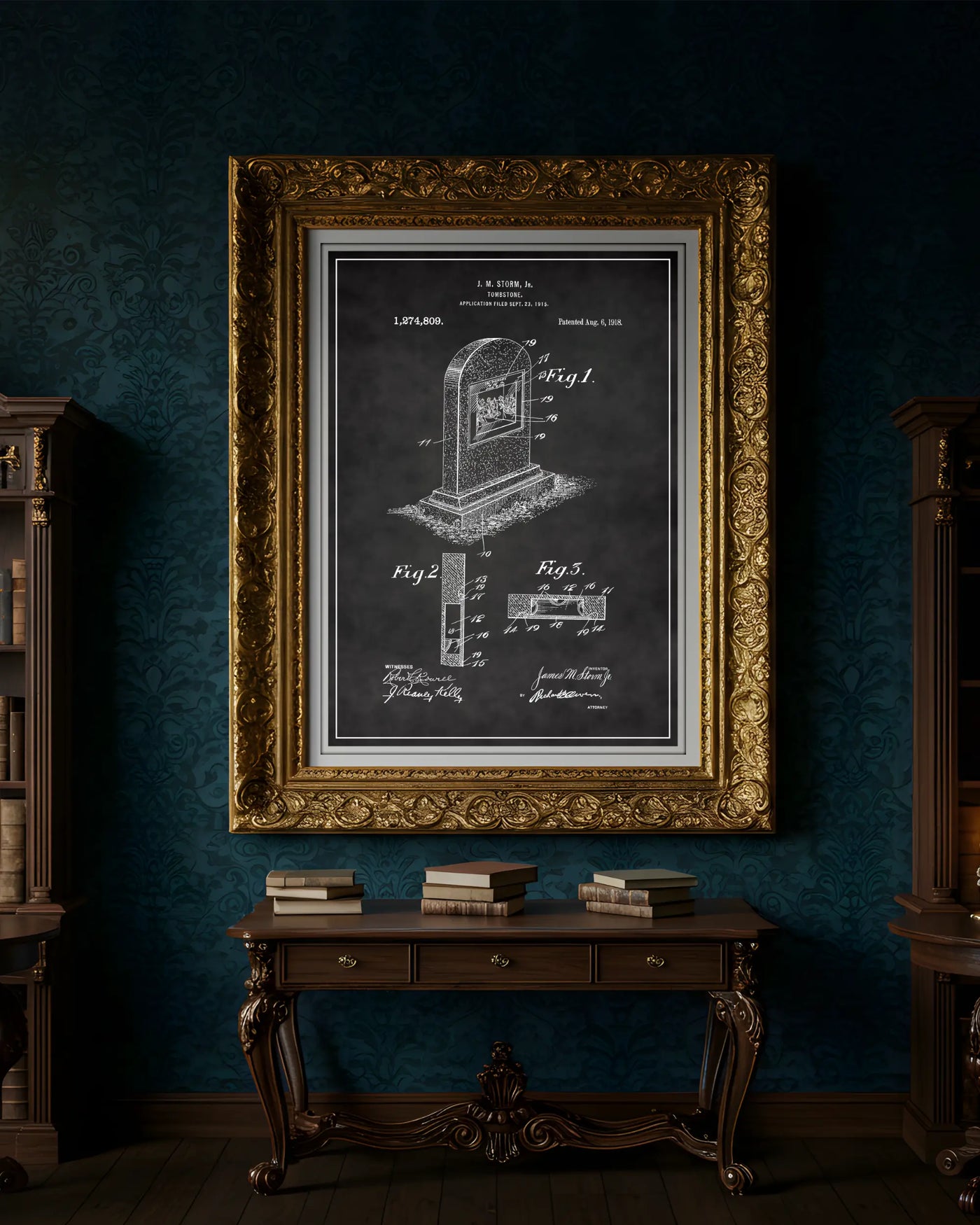 Unframed chalkboard style patent poster illustrating the Tombstone design.