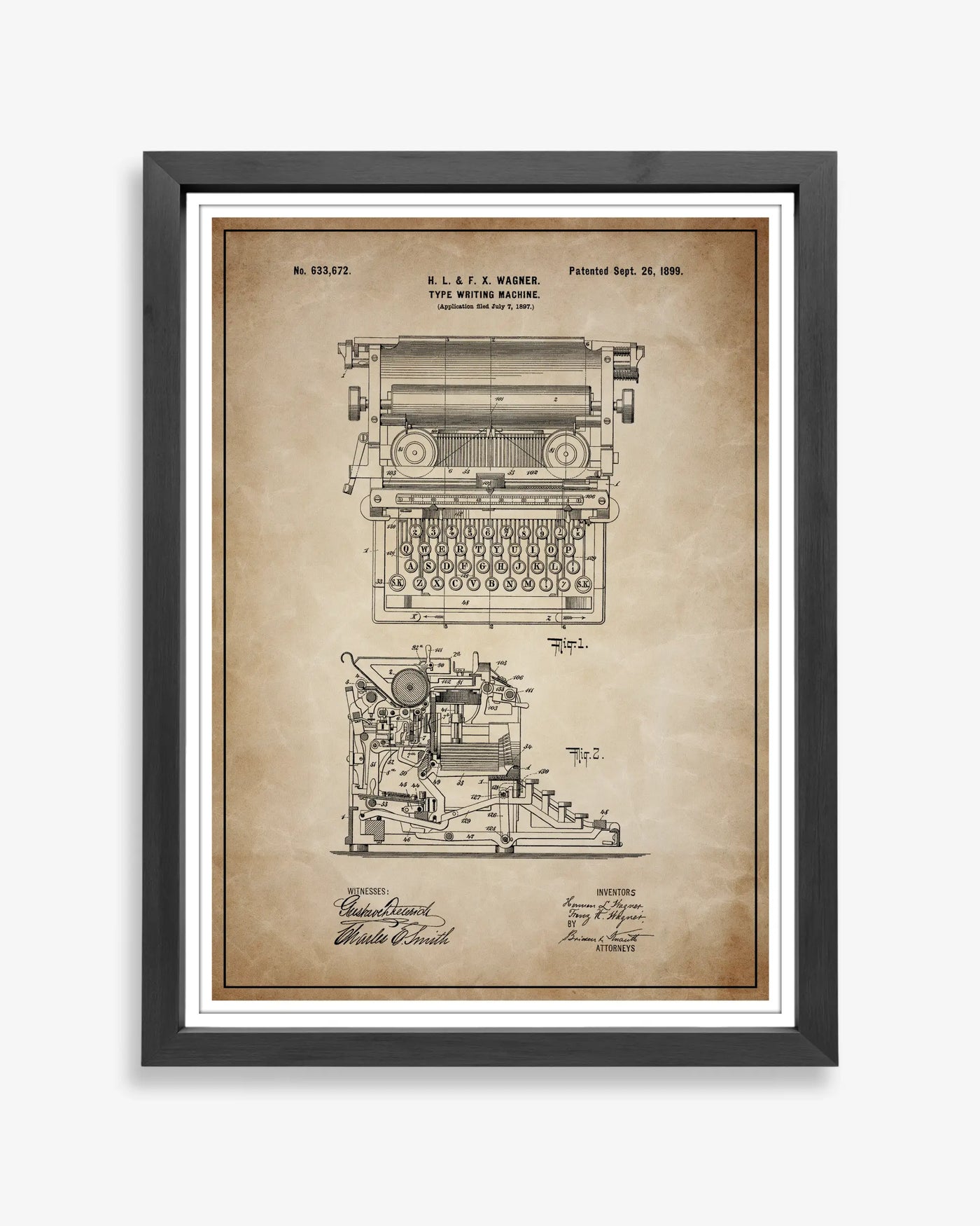Typewriter design patent poster presented in antique parchment style, unframed and ready for display.