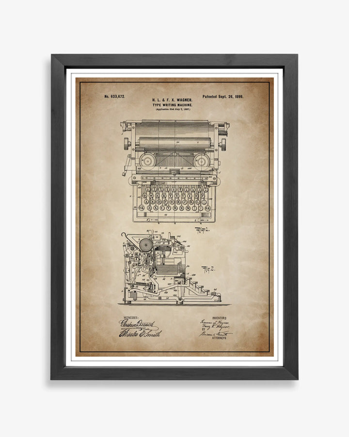 Typewriter design patent poster presented in antique parchment style, unframed and ready for display.