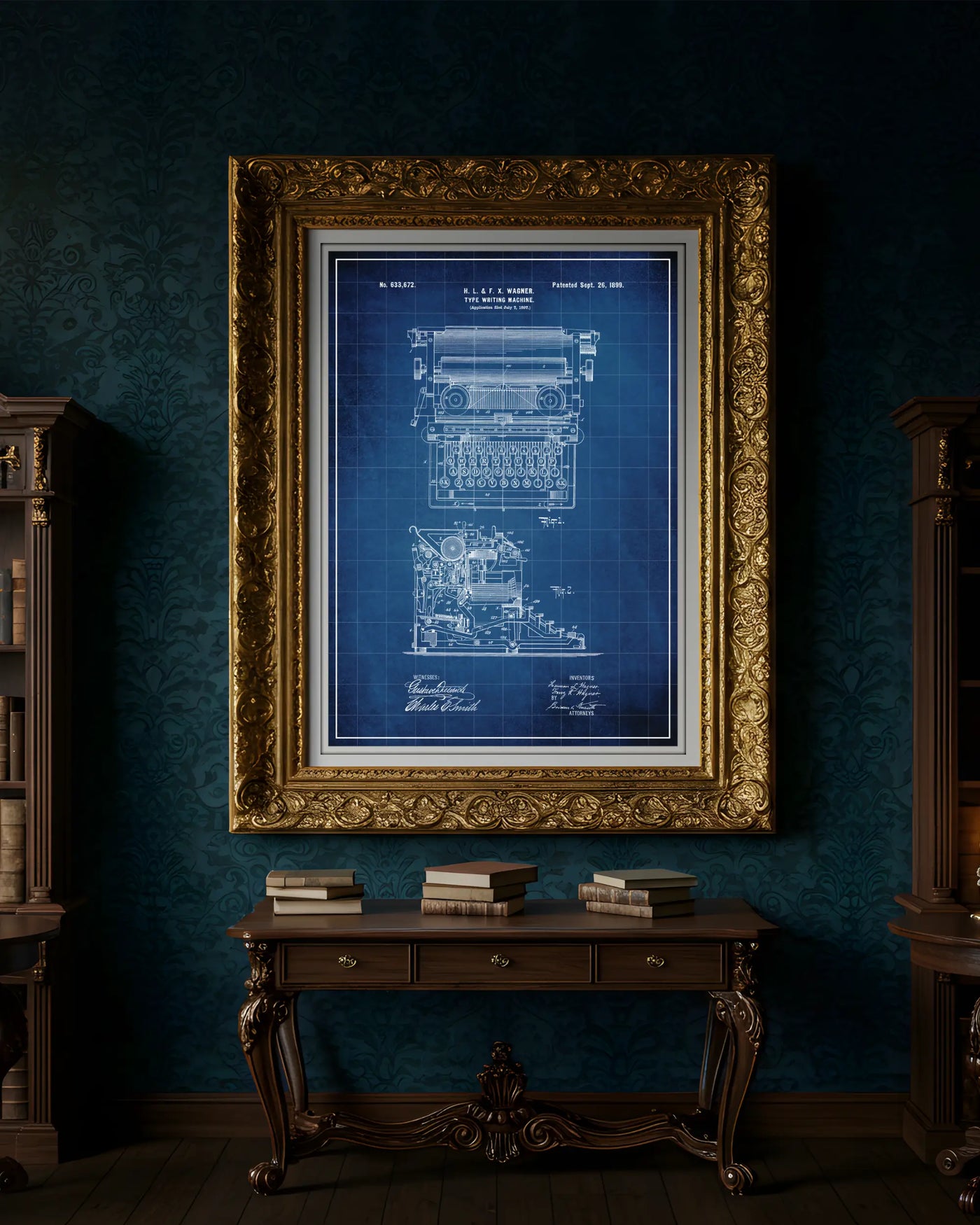 Unframed blueprint style patent poster illustrating the Typewriter design.