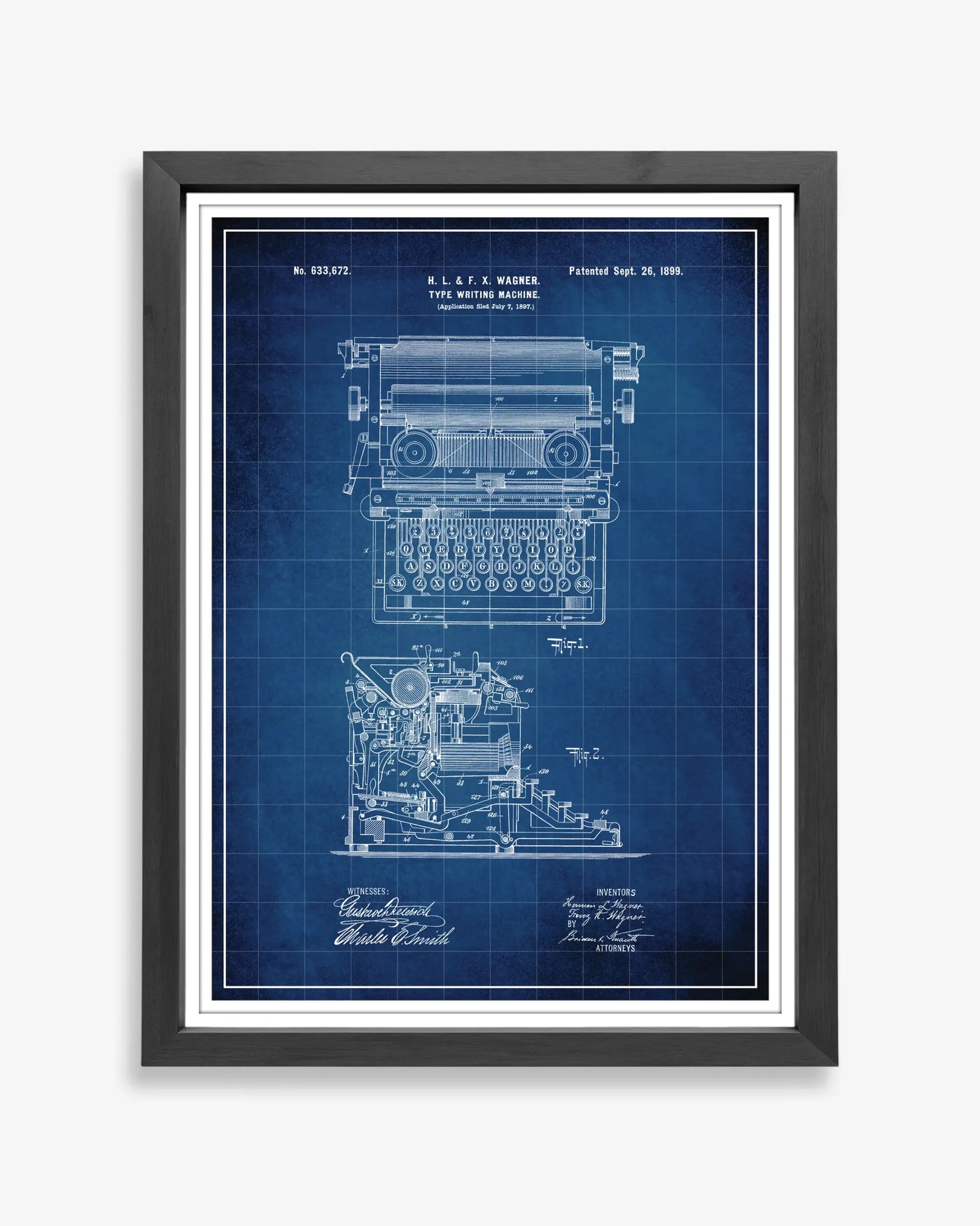 Unframed blueprint style patent poster illustrating the Typewriter design.