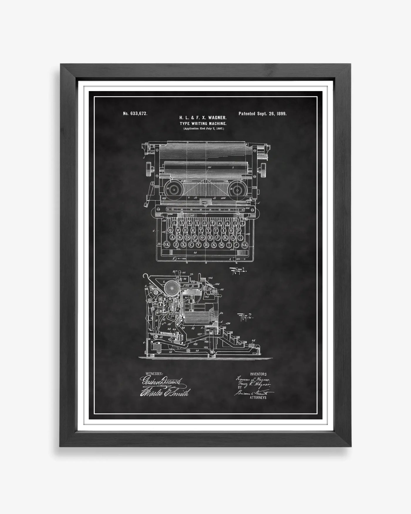 Typewriter patent poster in chalkboard style, high-resolution unframed wall art.