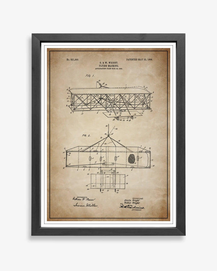 Unframed antique parchment style patent poster illustrating the Wright Plane design.