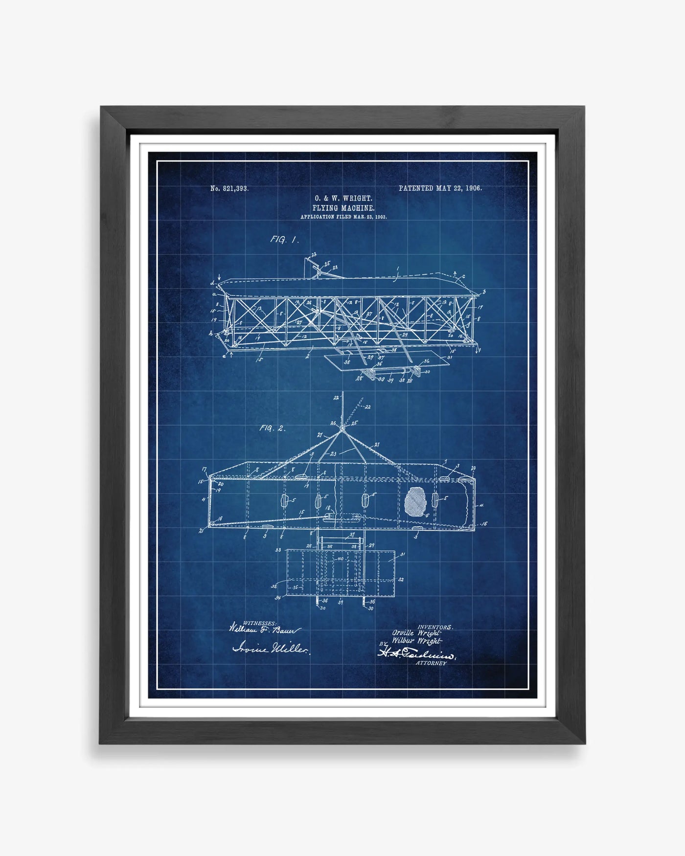 Wright Plane design patent poster presented in blueprint style, unframed and ready for display.