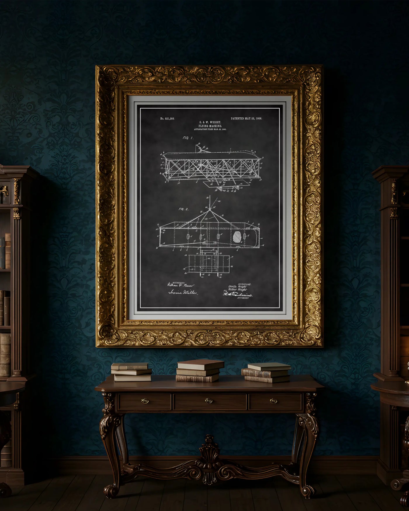 Unframed chalkboard style patent poster illustrating the Wright Plane design.