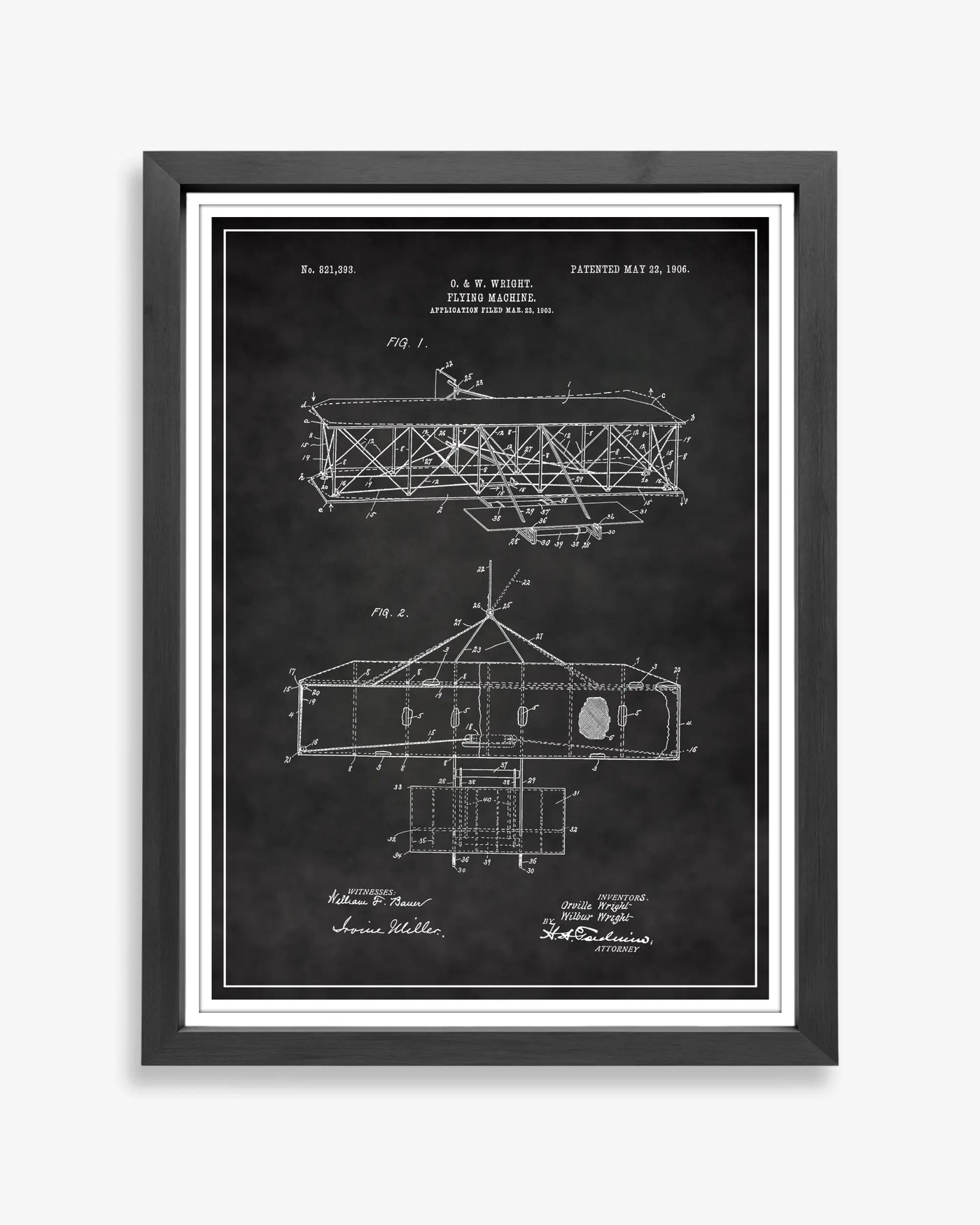Unframed chalkboard style patent poster illustrating the Wright Plane design.