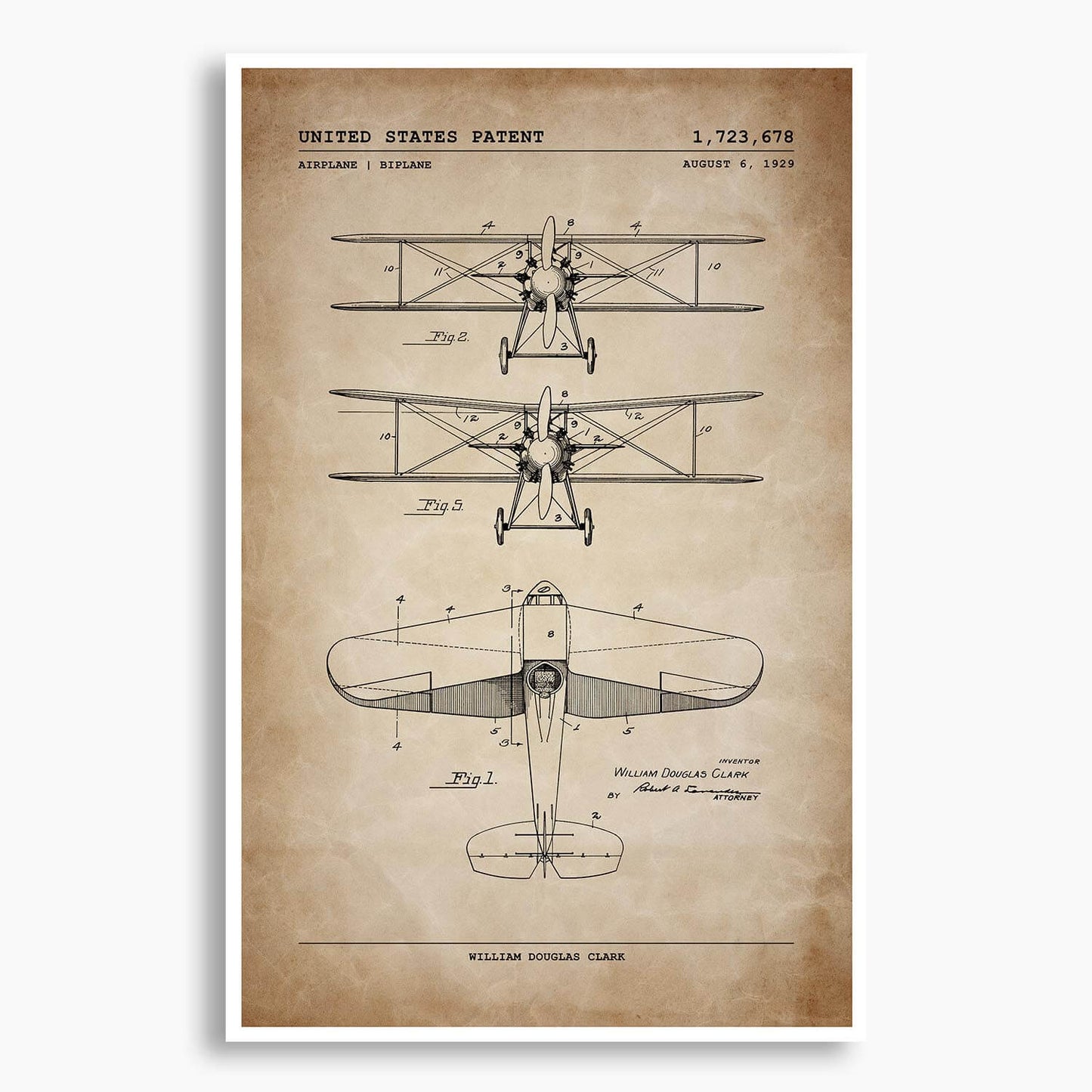 Biplane Aircraft Patent Poster; Patent Artwork