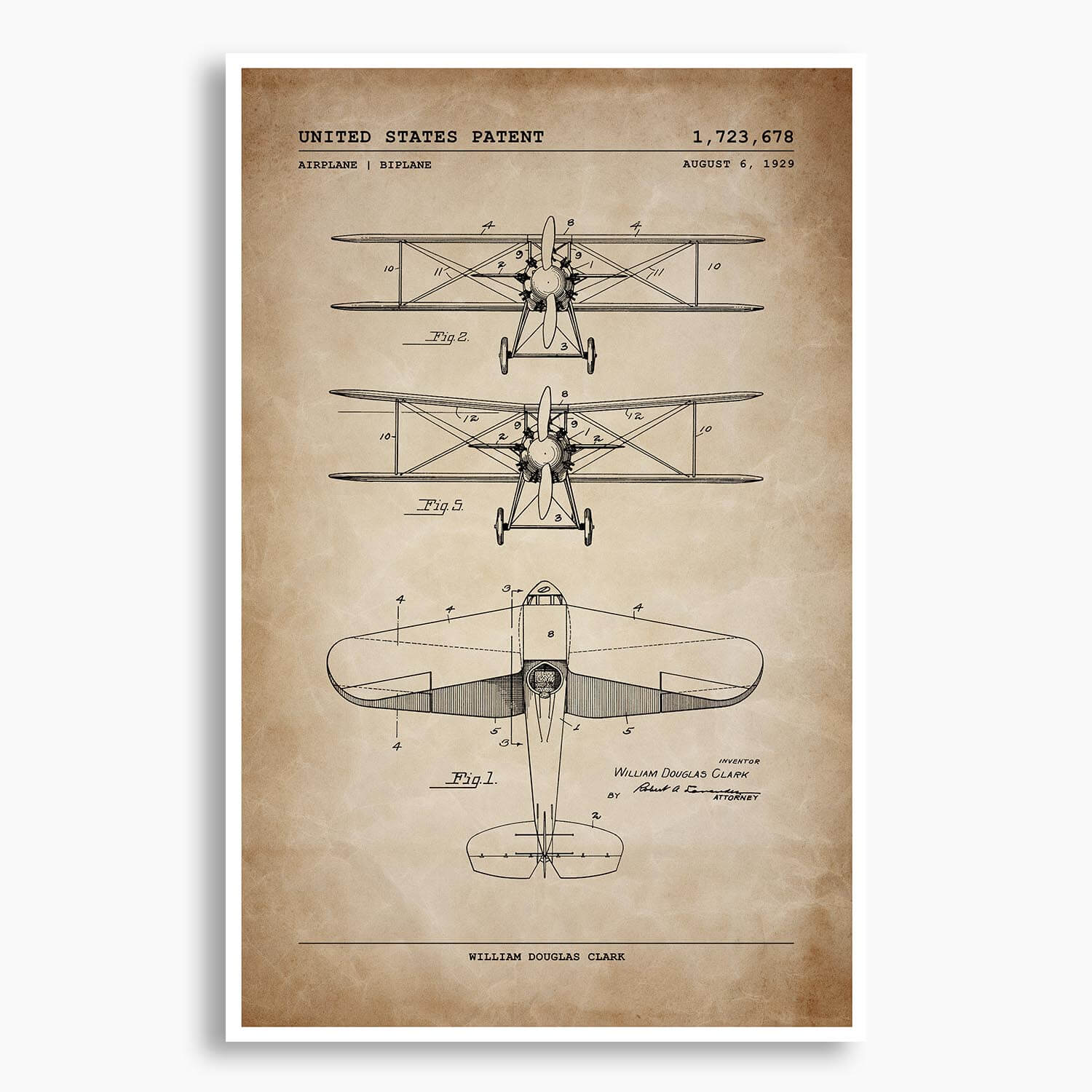 Biplane Aircraft Patent Poster; Patent Artwork