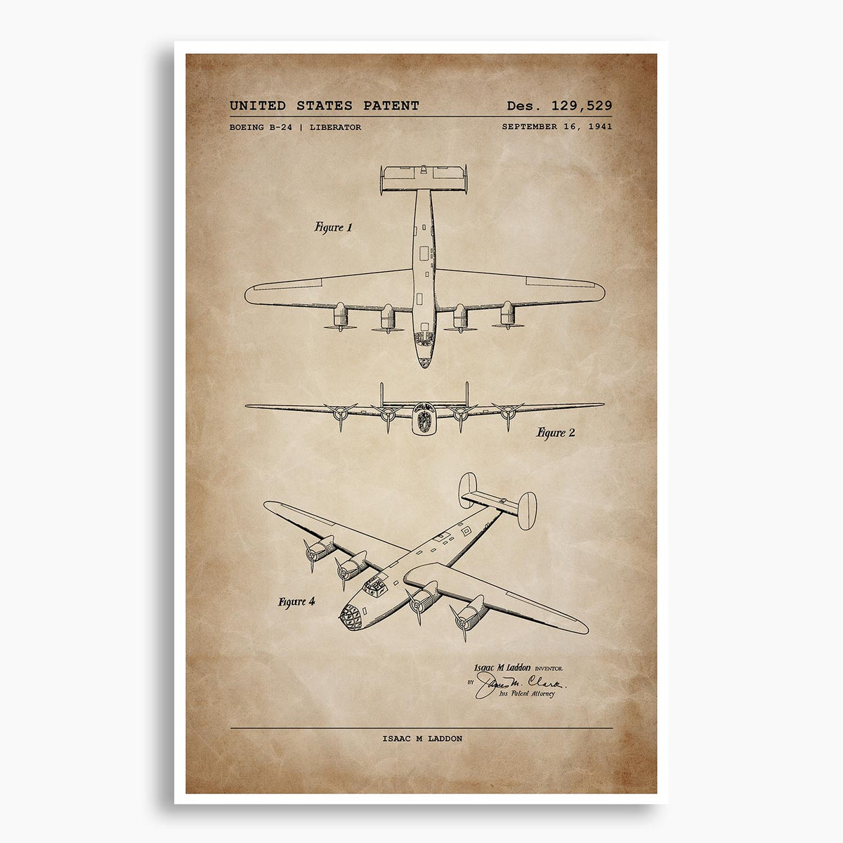 Boeing B-24 Liberator Aircraft Patent Poster; Patent Artwork