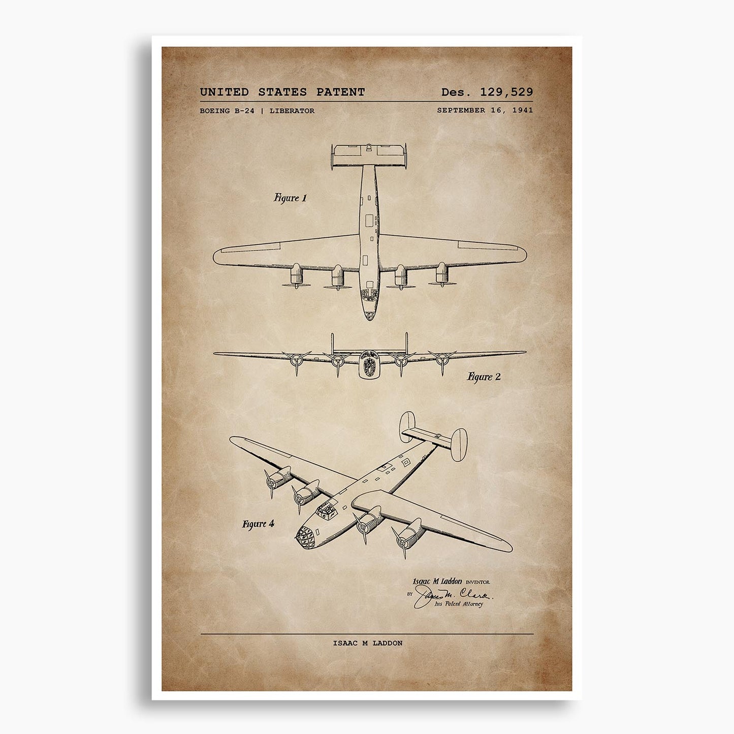 Boeing B-24 Liberator Aircraft Patent Poster; Patent Artwork