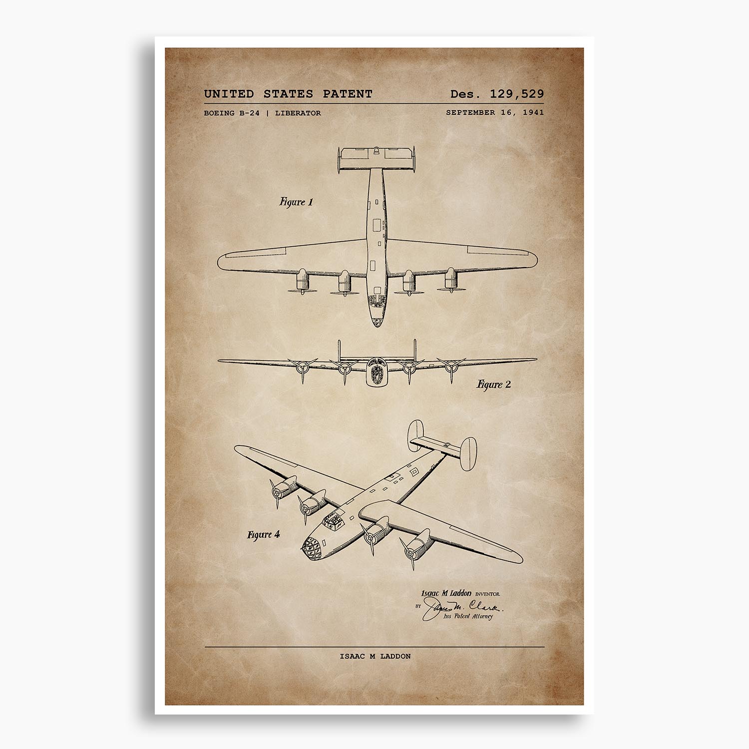 Boeing B-24 Liberator Aircraft Patent Poster; Patent Artwork