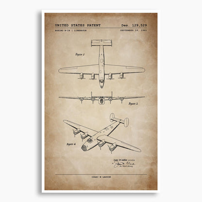 Boeing B-24 Liberator Aircraft Patent Poster; Patent Artwork