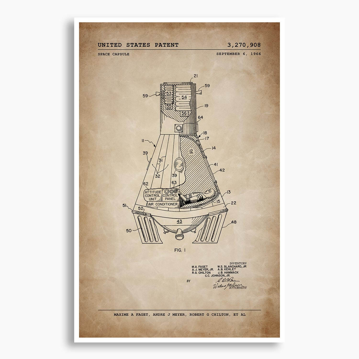 NASA Space Capsule Patent Poster; Patent Artwork
