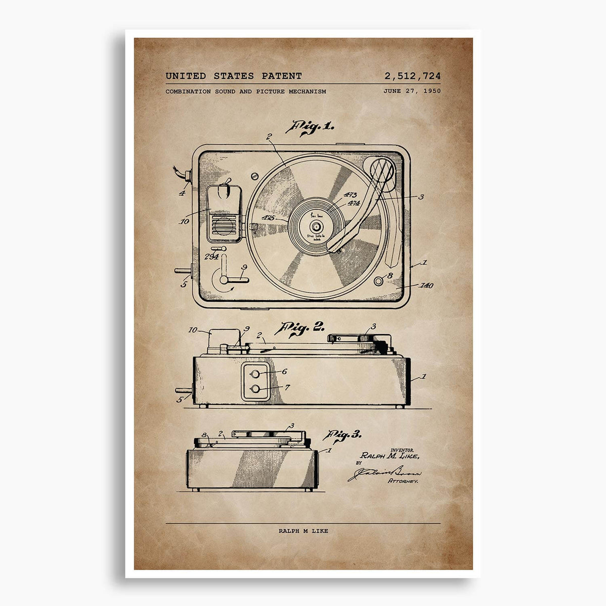 Record Player Patent Poster; Patent Artwork