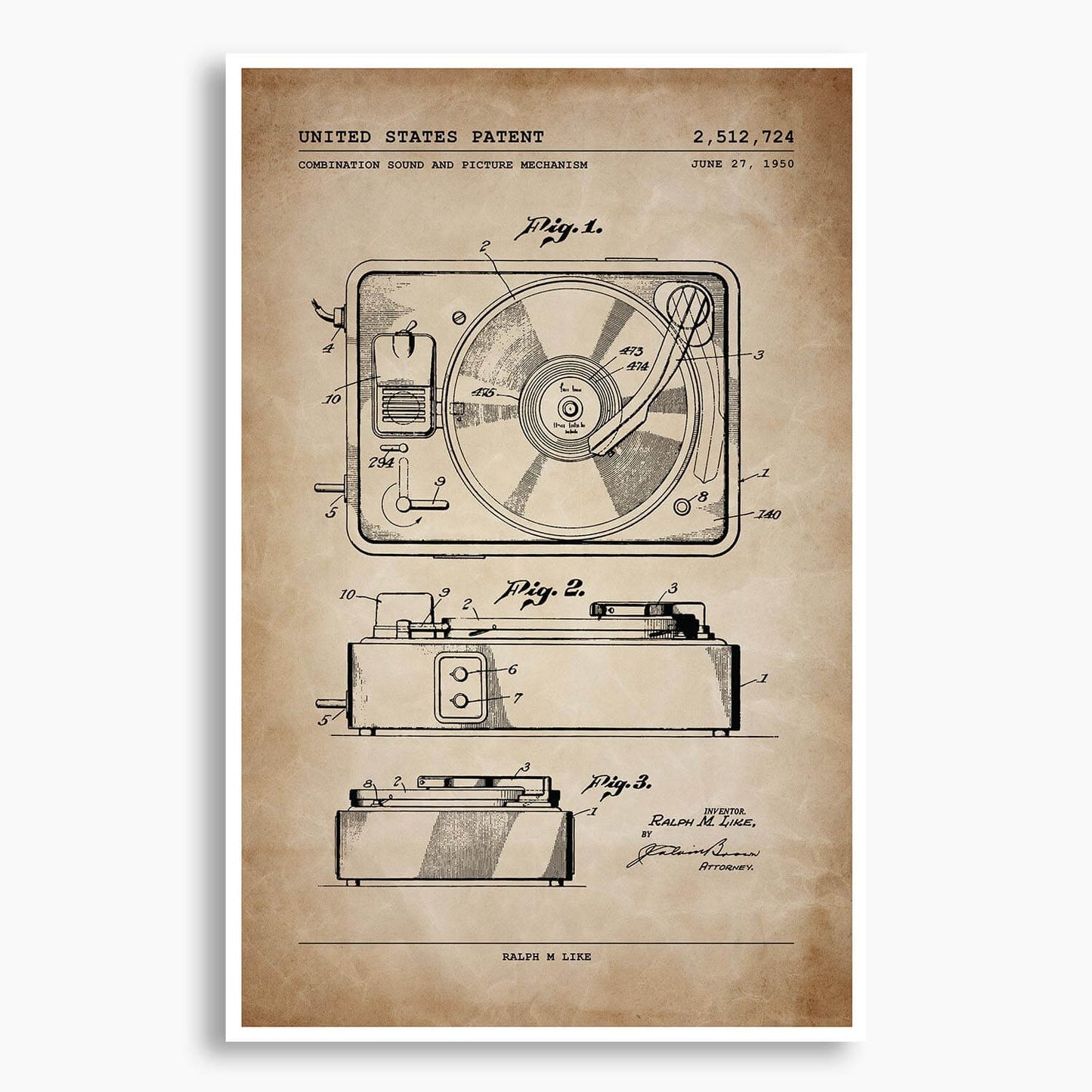 Record Player Patent Poster; Patent Artwork