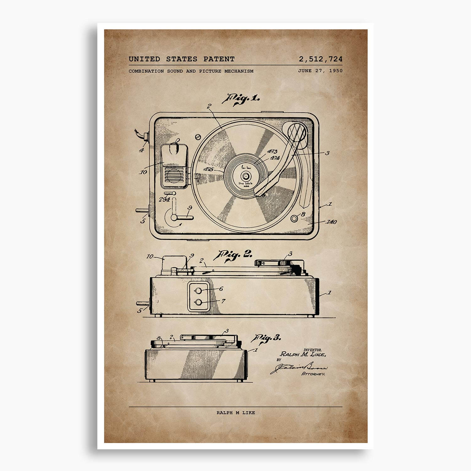 Record Player Patent Poster; Patent Artwork