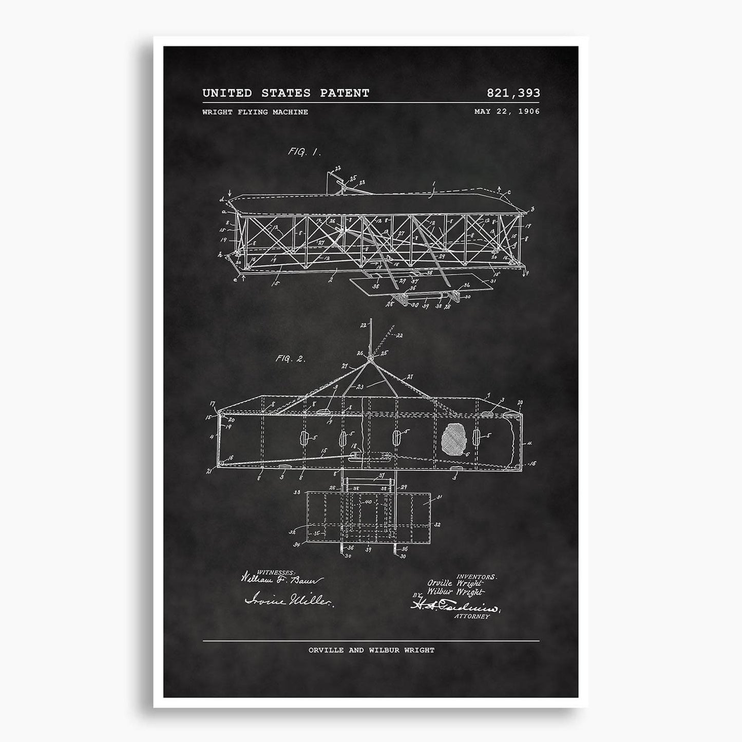 Wright Brothers Flying Machine Patent Poster; Patent Artwork