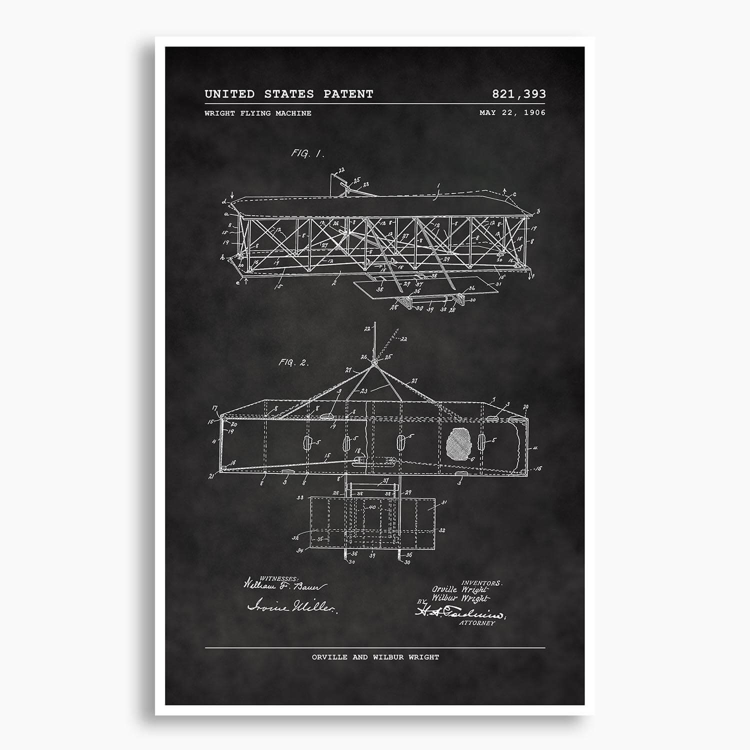 Wright Brothers Flying Machine Patent Poster; Patent Artwork